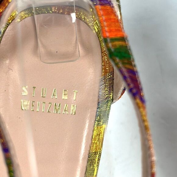 STUART WEITZMAN Metallic Rainbow Plaid Leather Ankle Strap Nunaked Sandals 9,5 - Picture 11 of 15